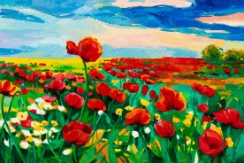 an oil painting of red poppy flowers